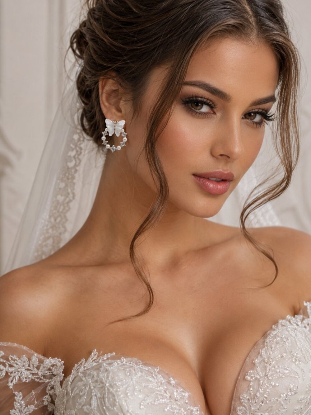 Pearl & Rhinestone Butterfly Hoop Stud Earrings - Picture 3 of 6